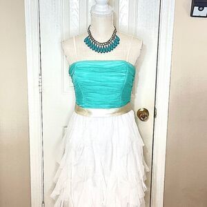 NWOT i.m. Dress Junior's Size 9 Teal White Spaghetti Strap Short Ruched Dress